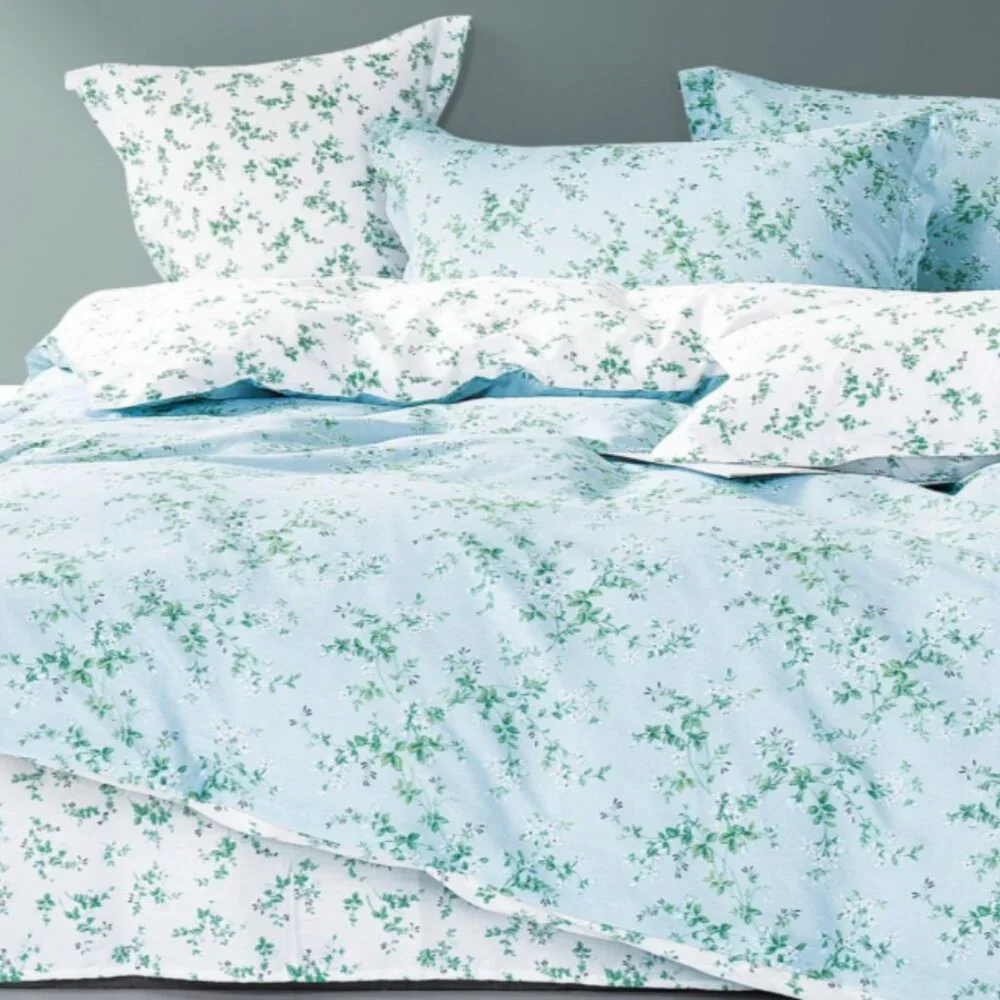 Summer Eve Blue/Green Floral 100% Cotton‎ Reversible Comforter Set Cottagecore